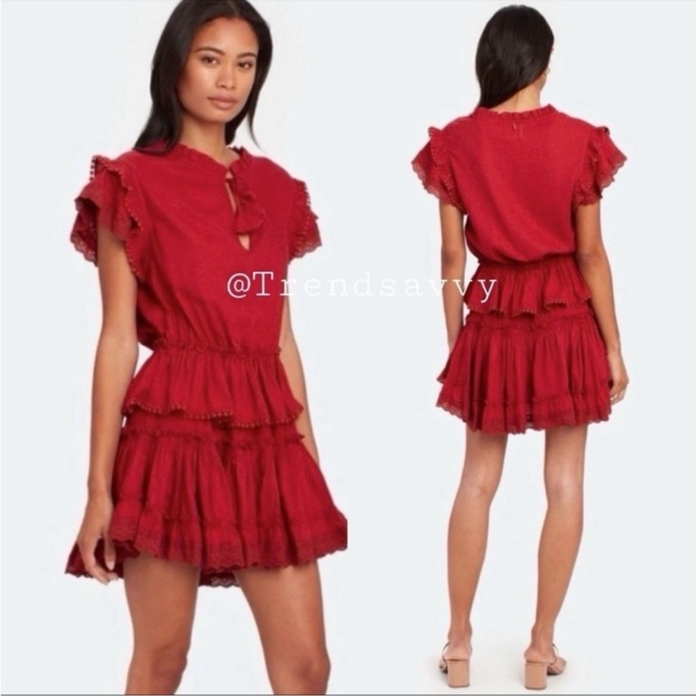 MISA Los Angeles Crimson Ruffle Mini Dress Embroidered Lace Trim Size Large NWT